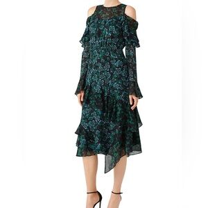 Tanya Taylor Black and Green Floral Long Sleeve Dress